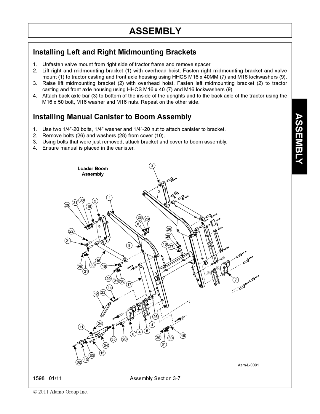 Servis-Rhino 1598 manual Installing Left and Right Midmounting Brackets, Installing Manual Canister to Boom Assembly 