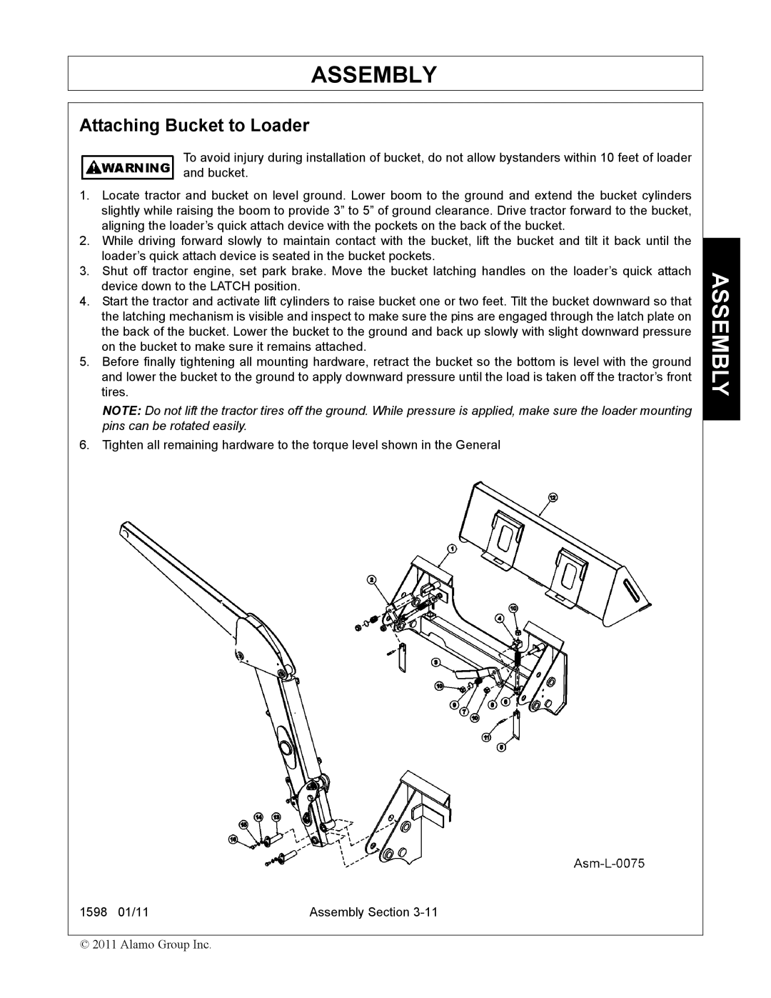 Servis-Rhino 1598 manual Attaching Bucket to Loader 