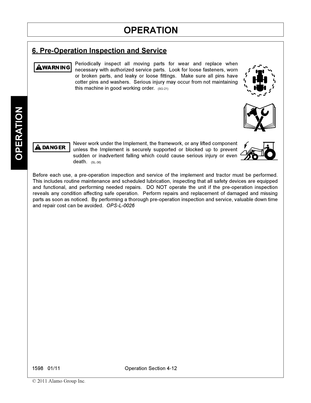 Servis-Rhino 1598 manual Pre-Operation Inspection and Service 