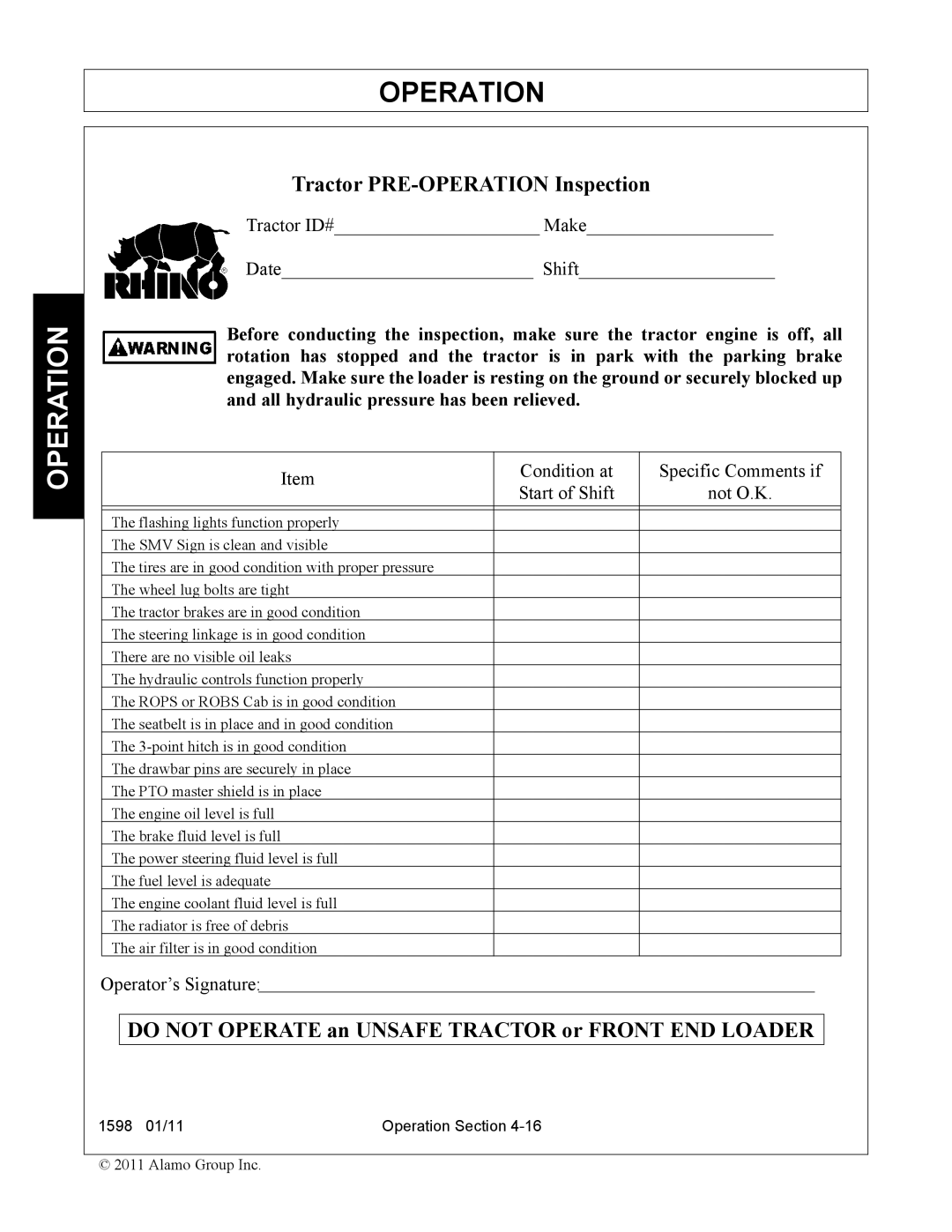 Servis-Rhino 1598 manual Do not Operate an Unsafe Tractor or Front END Loader 