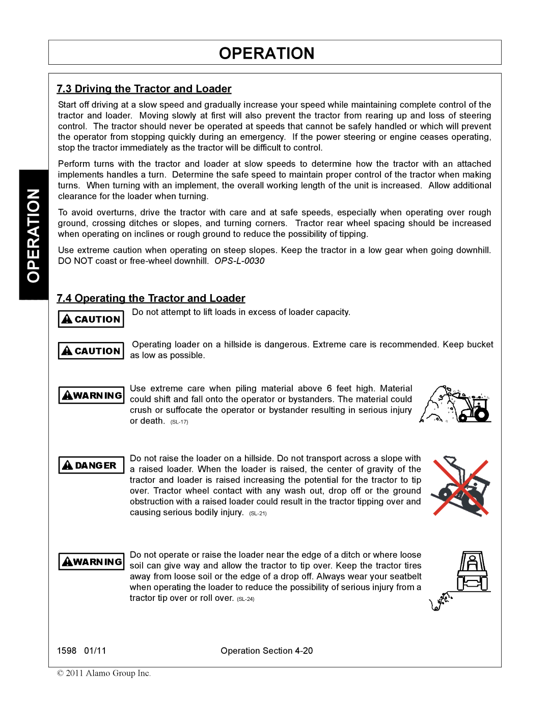 Servis-Rhino 1598 manual Driving the Tractor and Loader, Operating the Tractor and Loader 