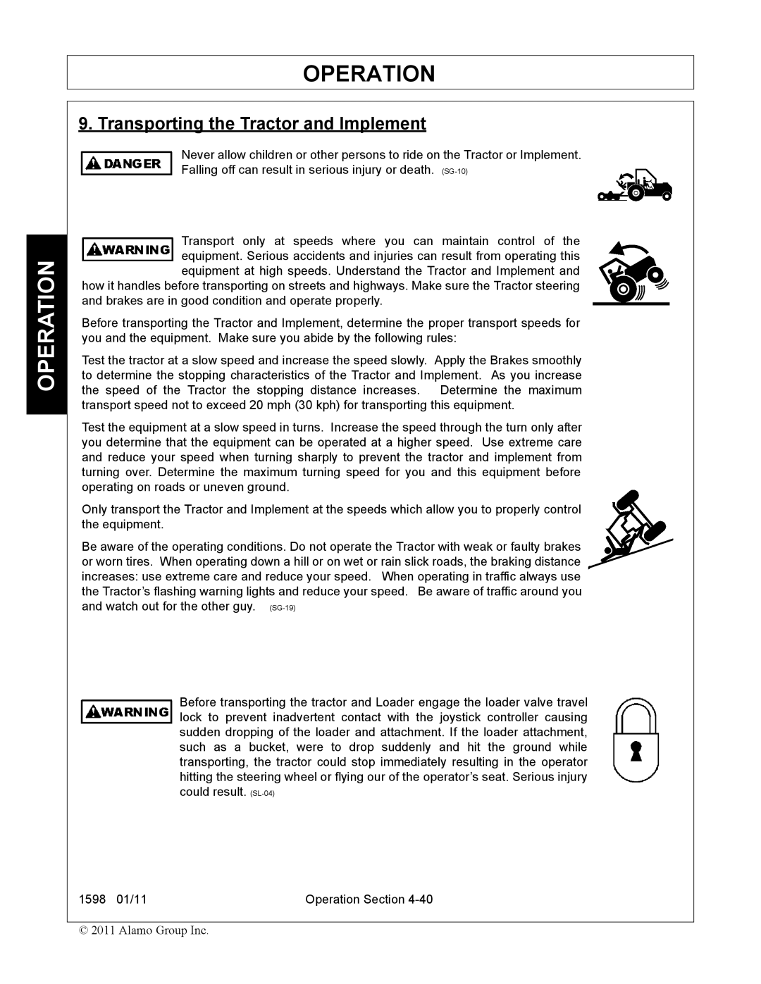 Servis-Rhino 1598 manual Transporting the Tractor and Implement 