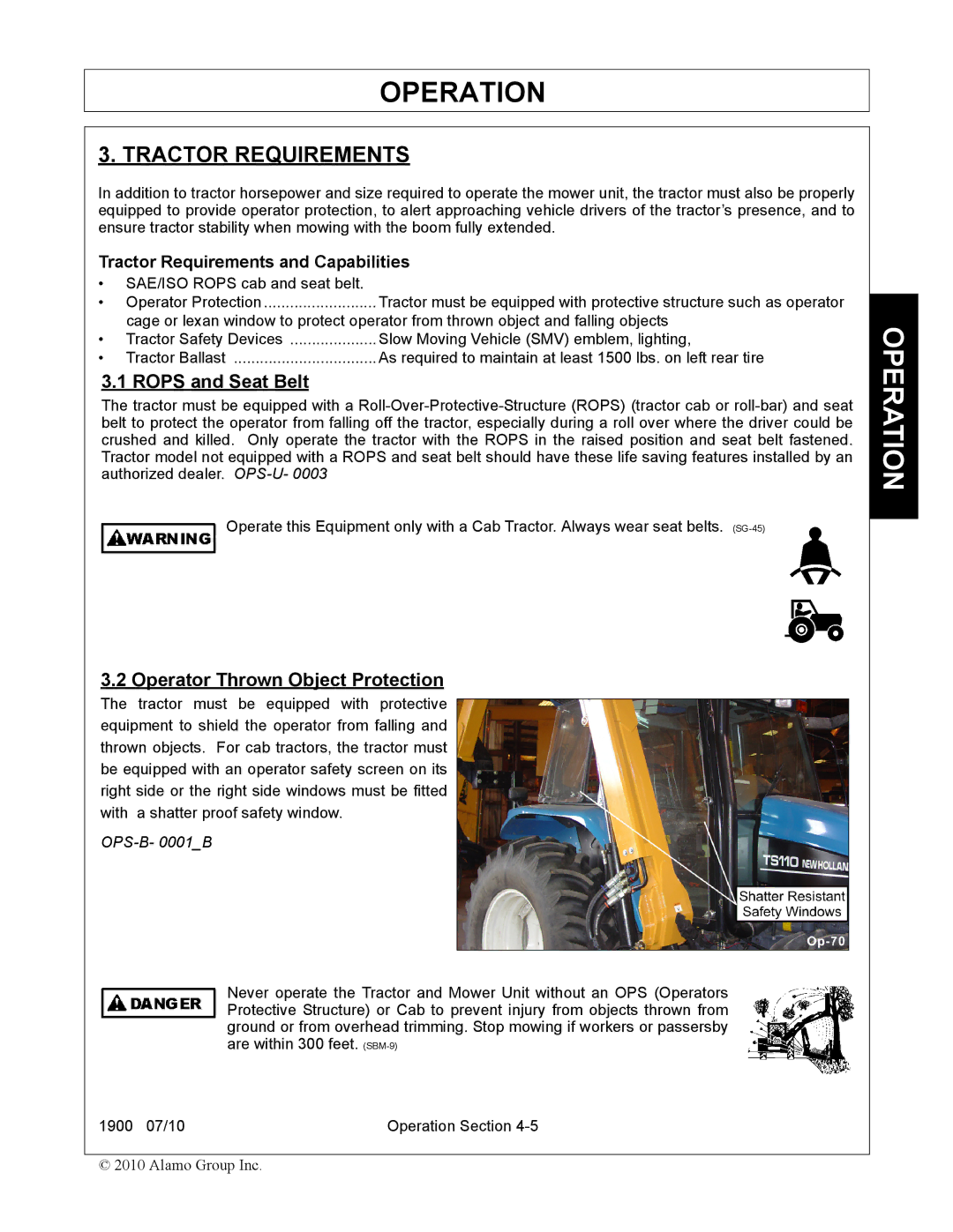 Servis-Rhino 1900 manual Tractor Requirements, Rops and Seat Belt, Operator Thrown Object Protection 