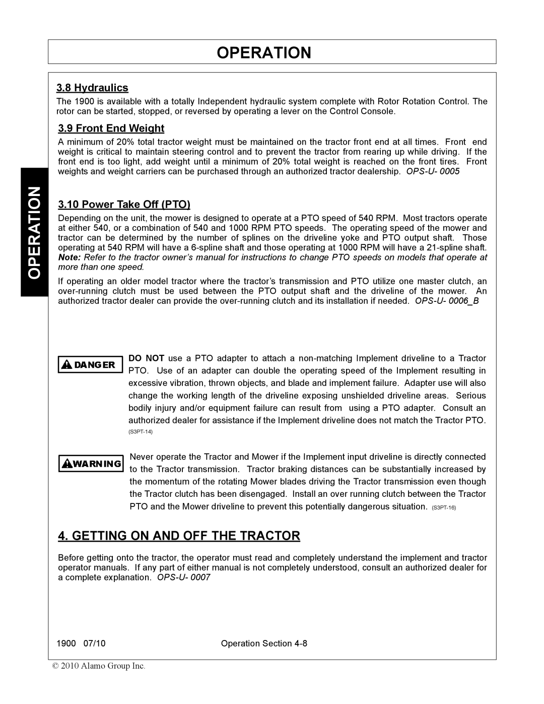 Servis-Rhino 1900 manual Getting on and OFF the Tractor, Hydraulics, Front End Weight, Power Take Off PTO 