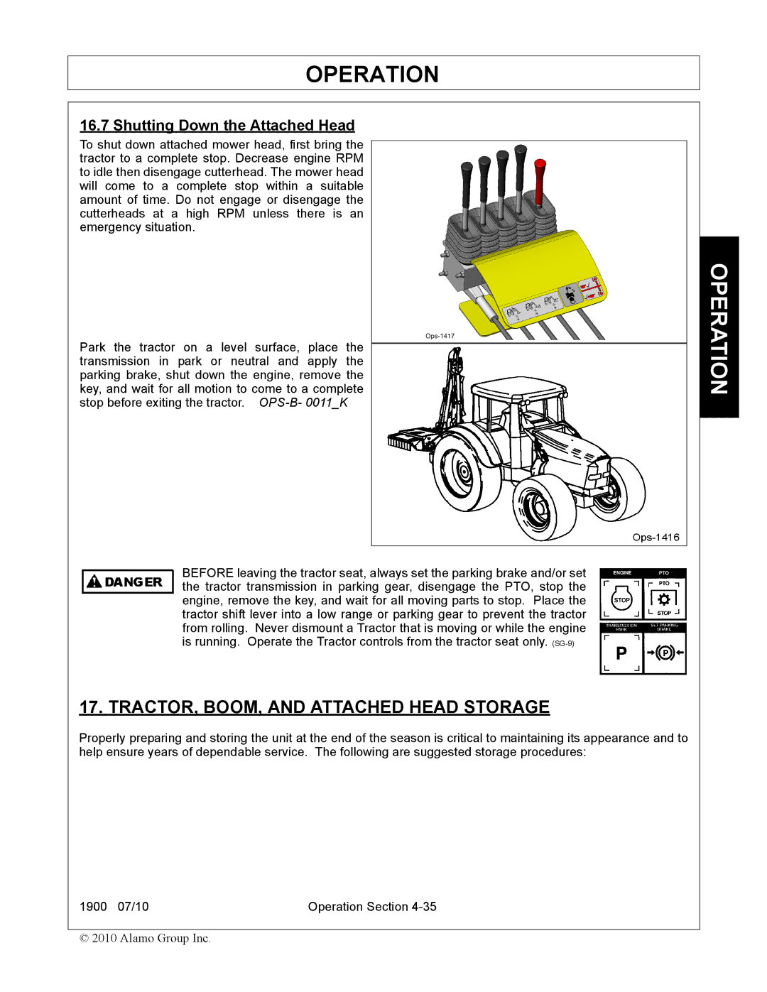 Servis-Rhino 1900 manual TRACTOR, BOOM, and Attached Head Storage, Shutting Down the Attached Head 