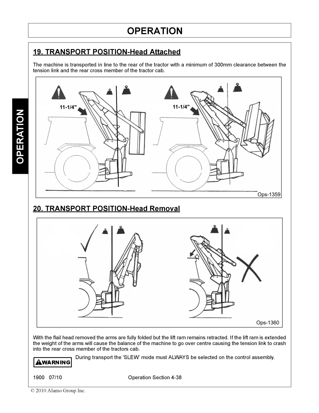 Servis-Rhino 1900 manual Transport POSITION-Head Attached, Transport POSITION-Head Removal 