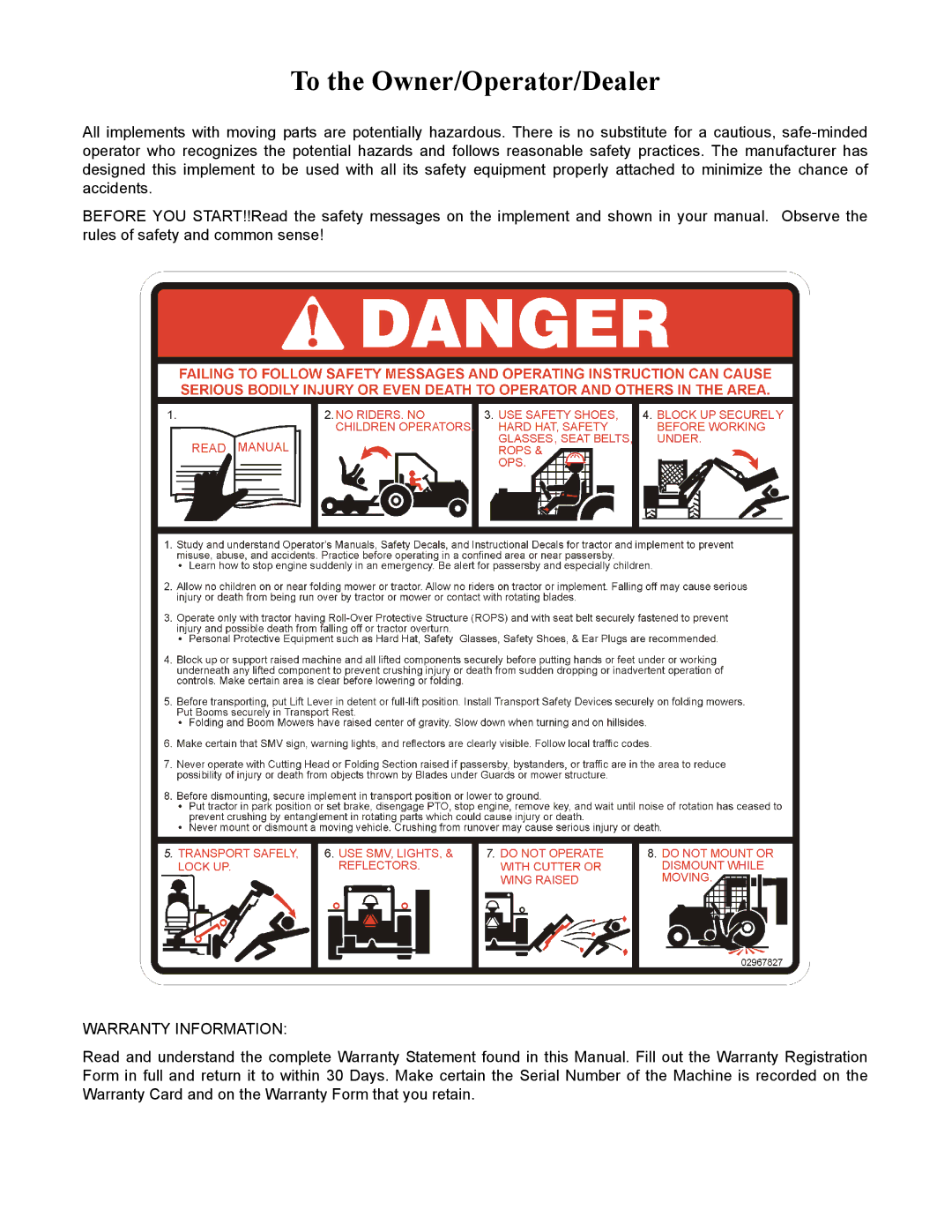 Servis-Rhino 1900 manual To the Owner/Operator/Dealer, Warranty Information 