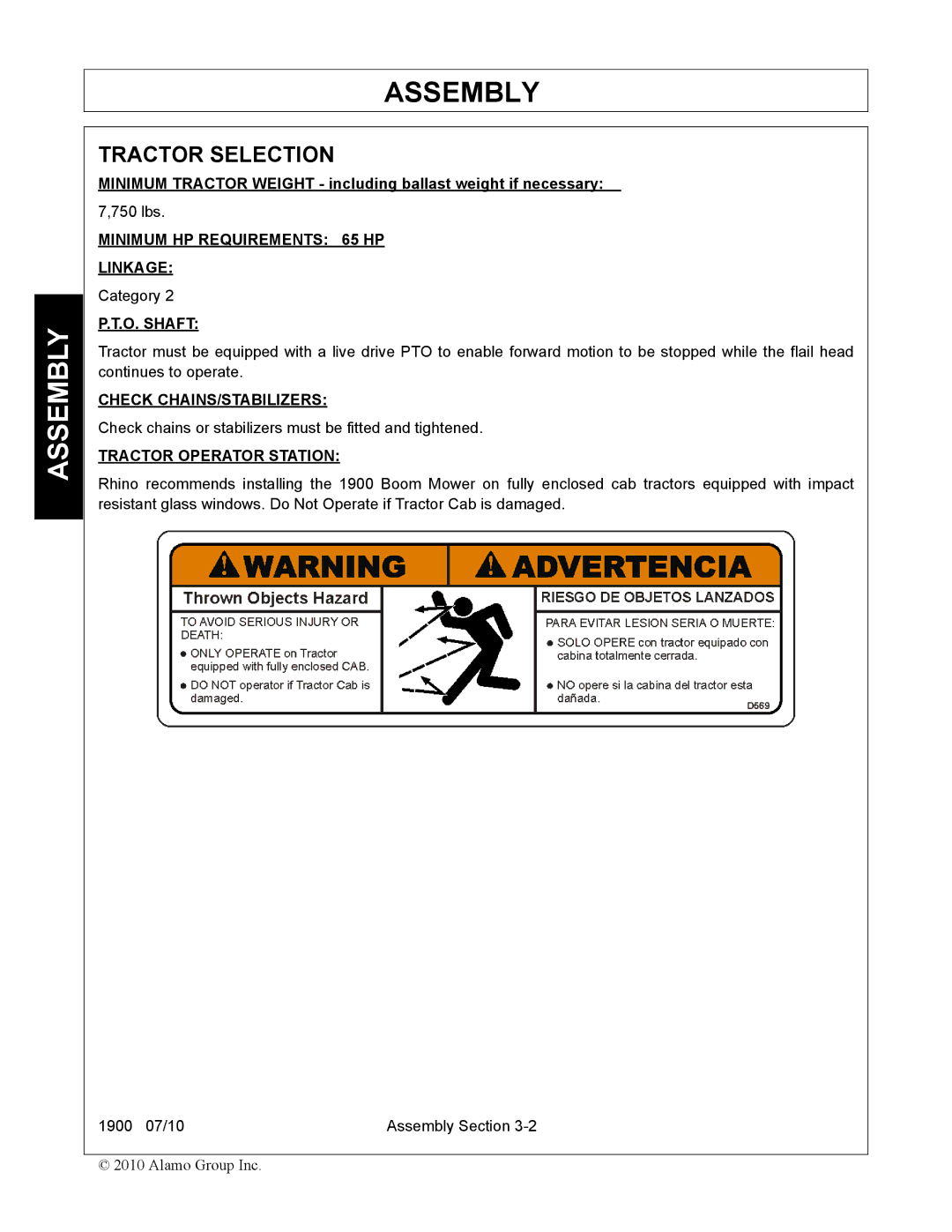 Servis-Rhino 1900 manual Assembly, Tractor Selection 