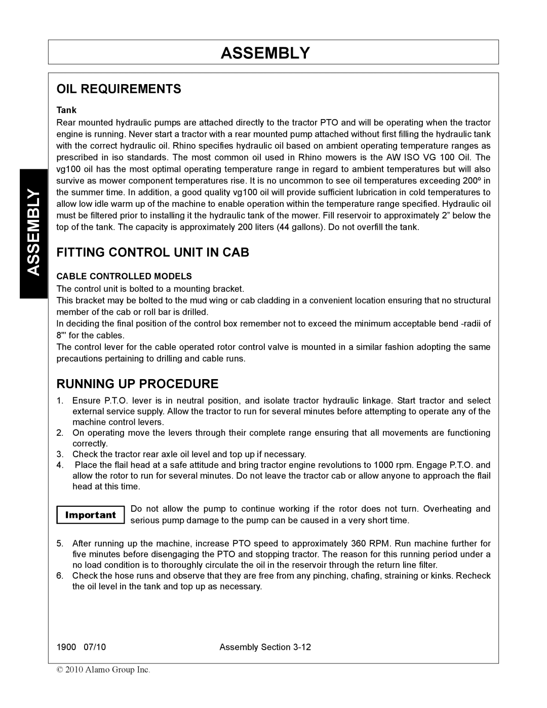 Servis-Rhino 1900 manual OIL Requirements, Fitting Control Unit in CAB, Running UP Procedure 