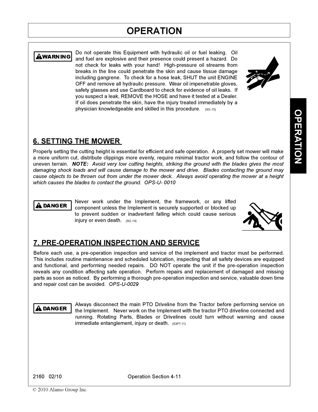 Servis-Rhino 2160 manual Setting the Mower, PRE-OPERATION Inspection and Service 