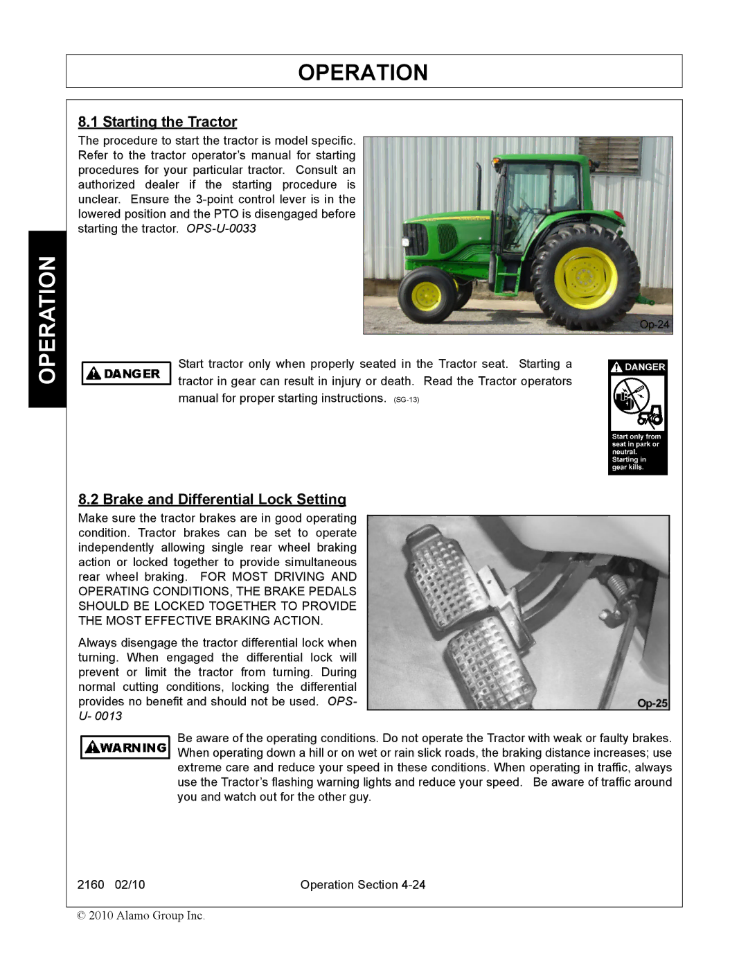 Servis-Rhino 2160 manual Starting the Tractor, Brake and Differential Lock Setting 