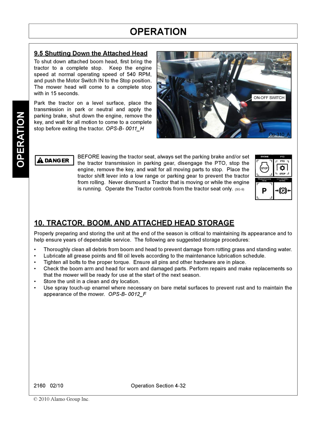 Servis-Rhino 2160 manual TRACTOR, BOOM, and Attached Head Storage, Shutting Down the Attached Head 