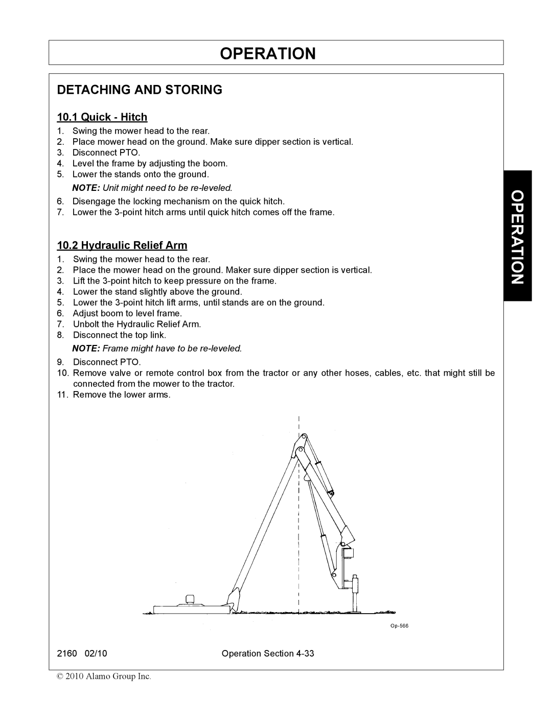 Servis-Rhino 2160 manual Detaching and Storing, Quick Hitch, Hydraulic Relief Arm 