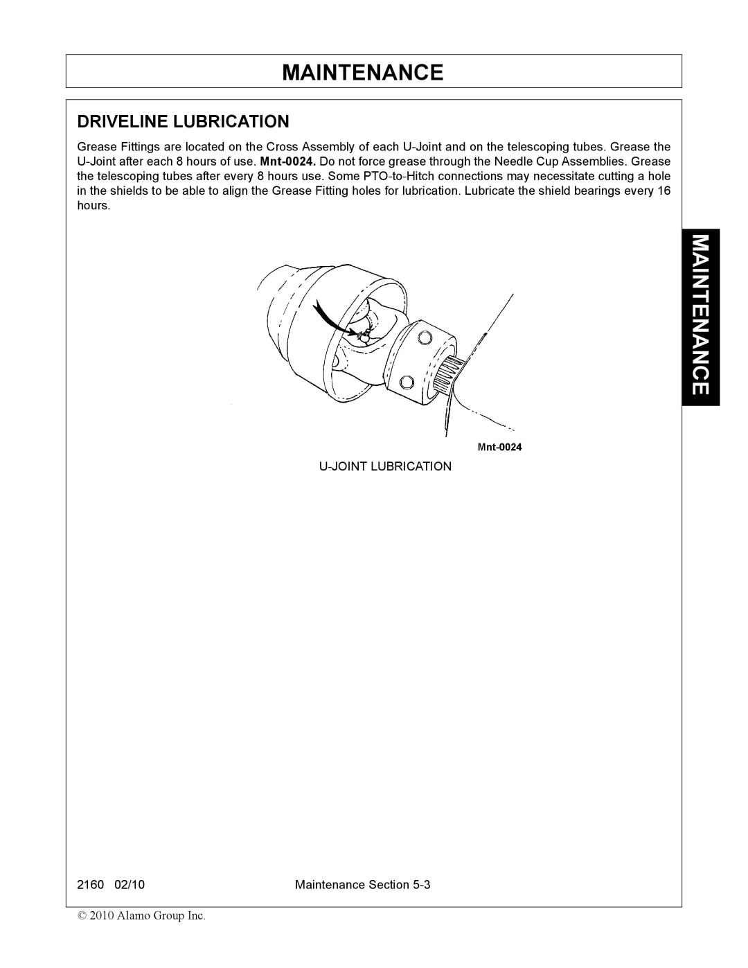 Servis-Rhino 2160 manual Driveline Lubrication, Joint Lubrication 