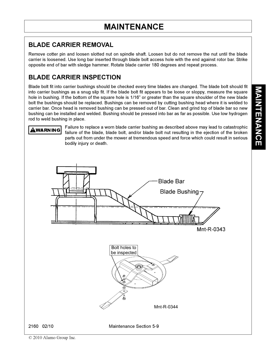 Servis-Rhino 2160 manual Blade Carrier Removal, Blade Carrier Inspection 