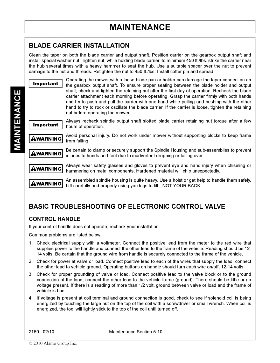 Servis-Rhino 2160 manual Blade Carrier Installation, Basic Troubleshooting of Electronic Control Valve 