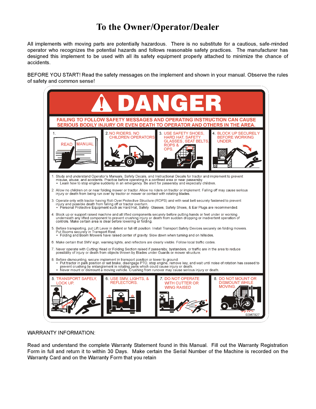 Servis-Rhino 2160 manual To the Owner/Operator/Dealer, Warranty Information 