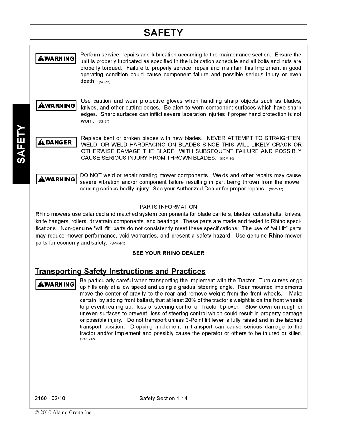 Servis-Rhino 2160 manual Transporting Safety Instructions and Practices, Parts Information 