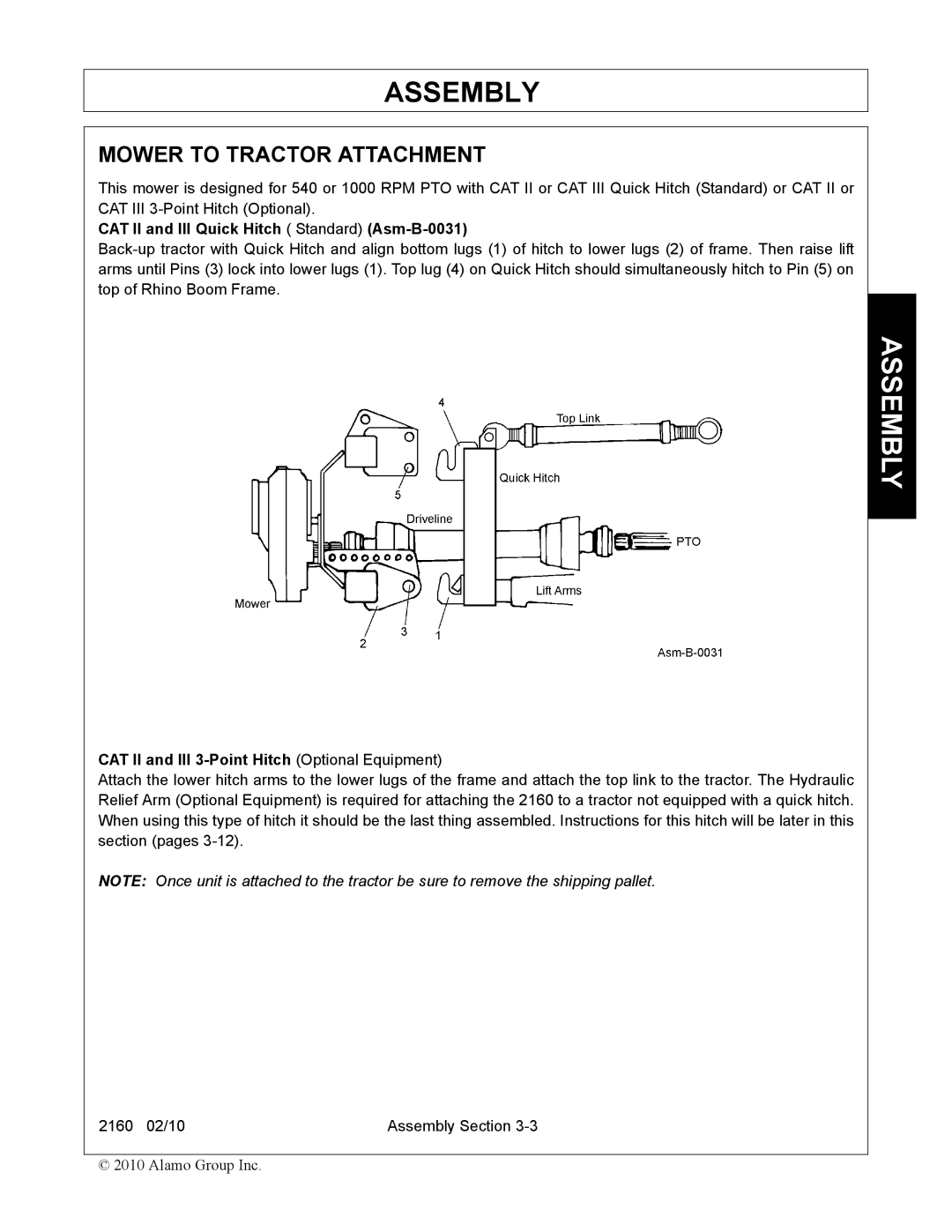 Servis-Rhino 2160 manual Mower to Tractor Attachment, CAT II and III Quick Hitch Standard Asm-B-0031 