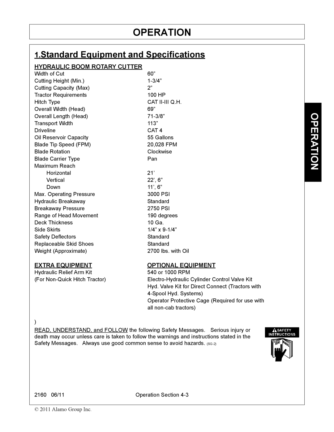 Servis-Rhino 2160 manual Standard Equipment and Specifications 