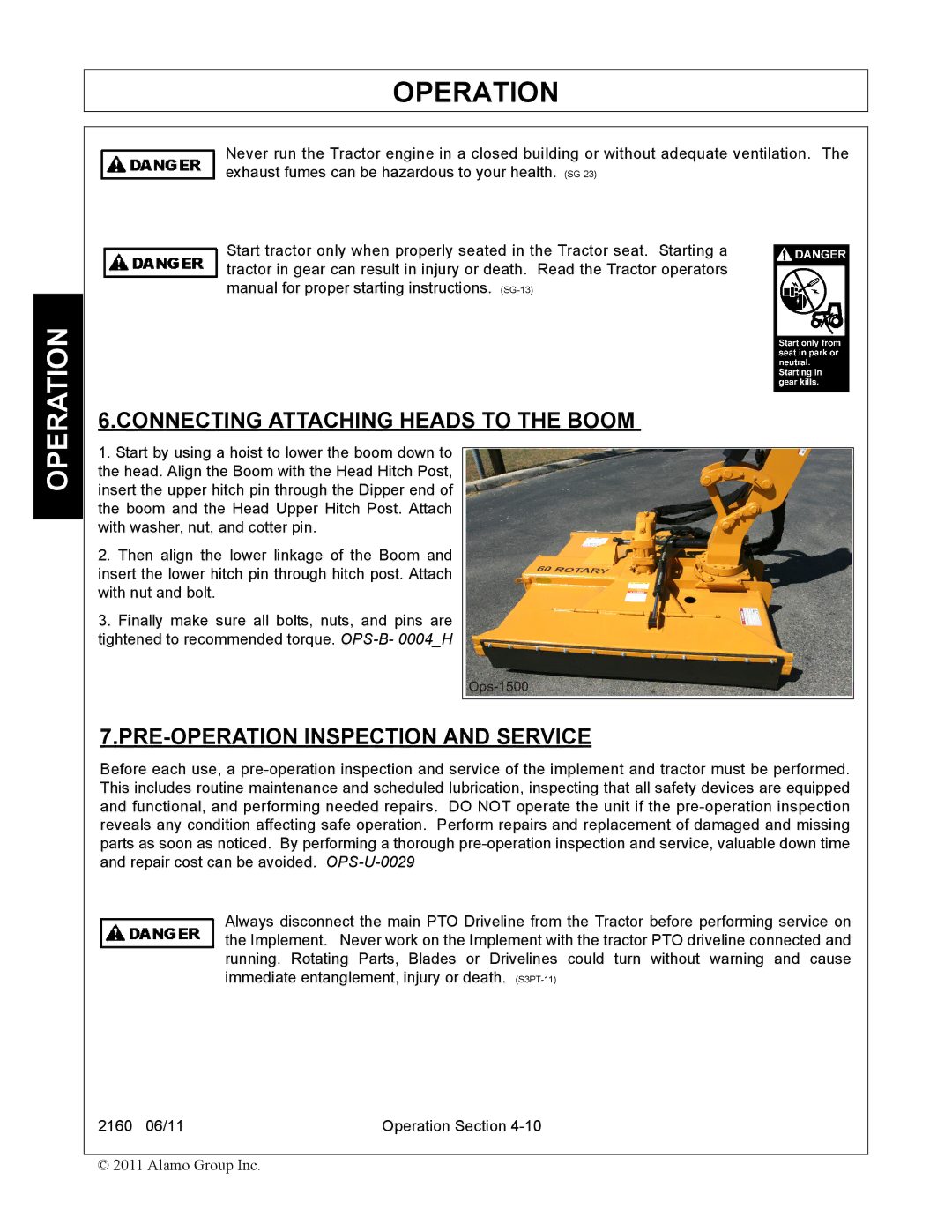 Servis-Rhino 2160 manual Connecting Attaching Heads to the Boom, PRE-OPERATION Inspection and Service 