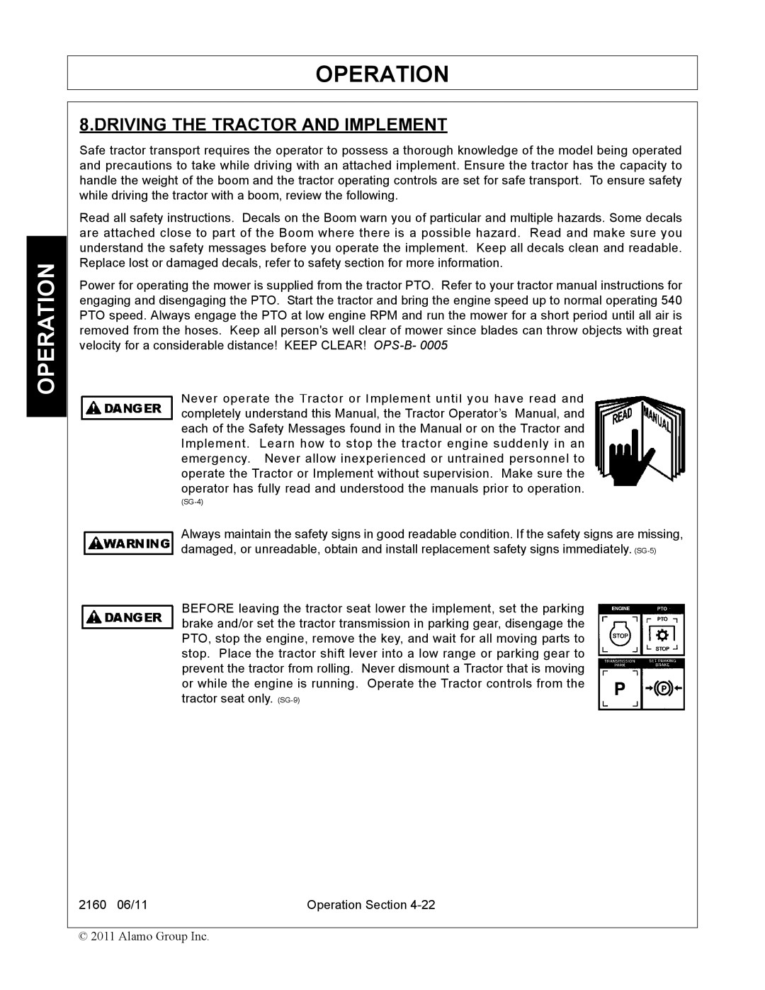 Servis-Rhino 2160 manual Driving the Tractor and Implement 