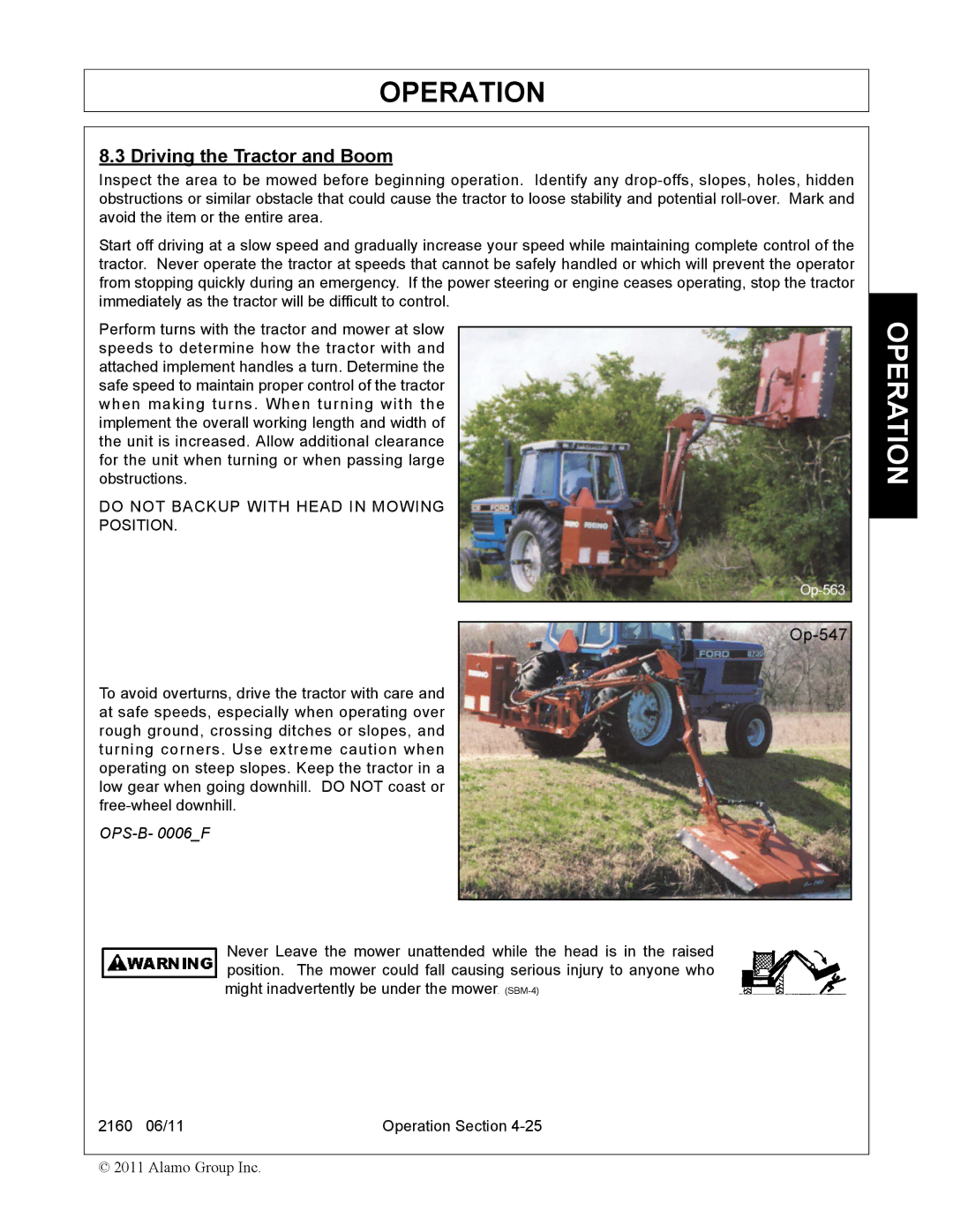 Servis-Rhino 2160 manual Driving the Tractor and Boom, Do not Backup with Head in Mowing Position 