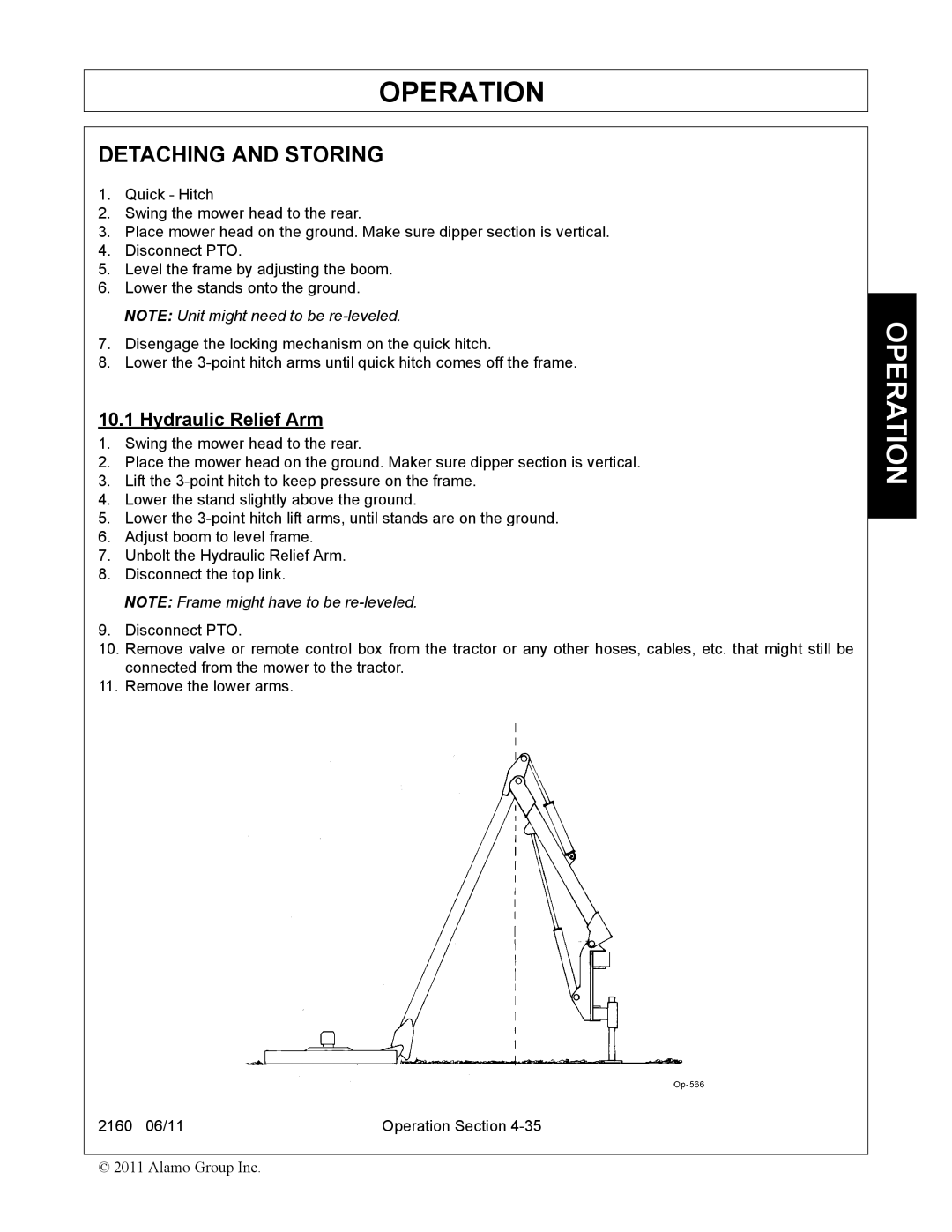 Servis-Rhino 2160 manual Detaching and Storing, Hydraulic Relief Arm 