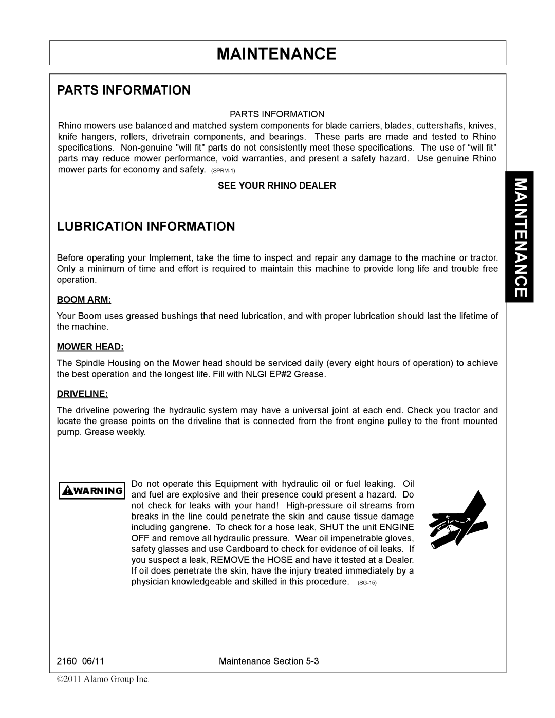 Servis-Rhino 2160 manual Lubrication Information, Boom ARM 