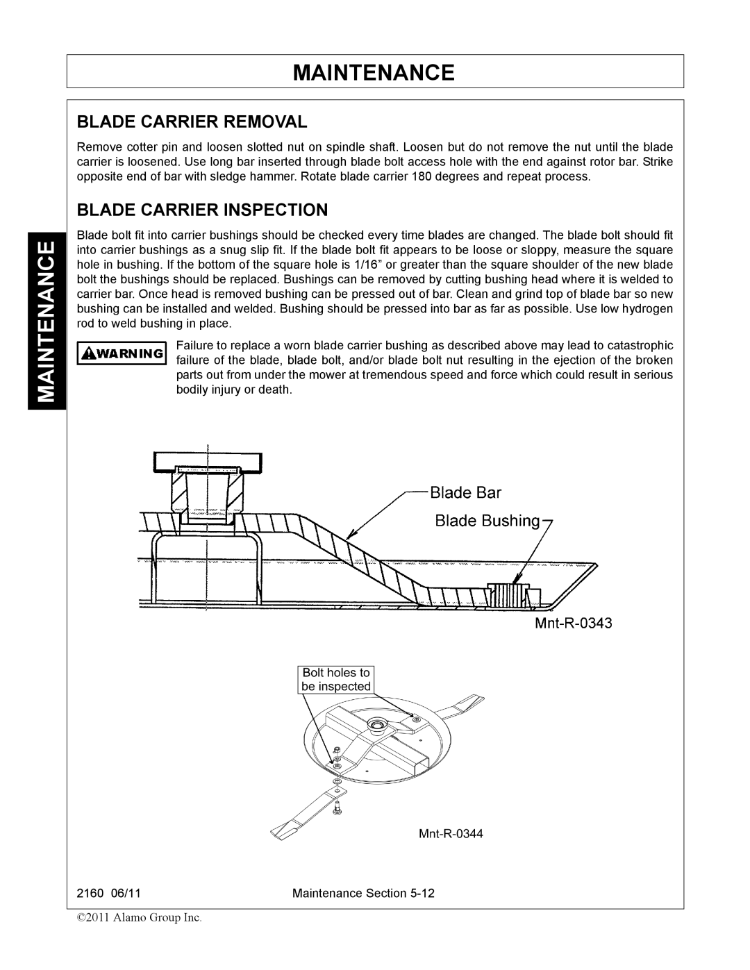 Servis-Rhino 2160 manual Blade Carrier Removal, Blade Carrier Inspection 