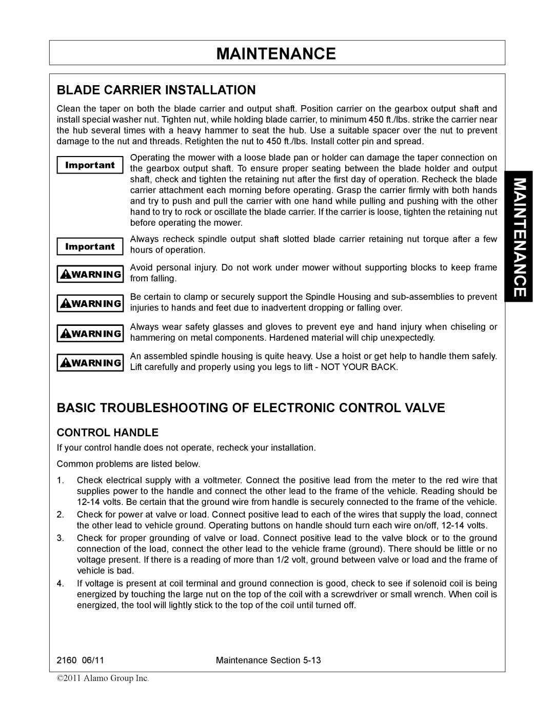 Servis-Rhino 2160 manual Blade Carrier Installation, Basic Troubleshooting of Electronic Control Valve 