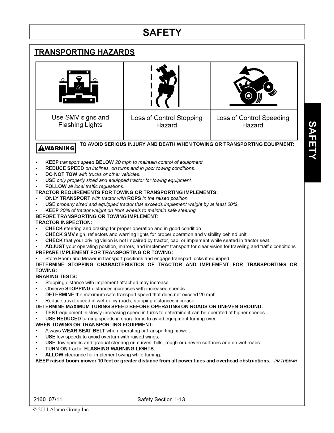 Servis-Rhino 2160 manual Transporting Hazards, Tractor Requirements for Towing or Transporting Implements 