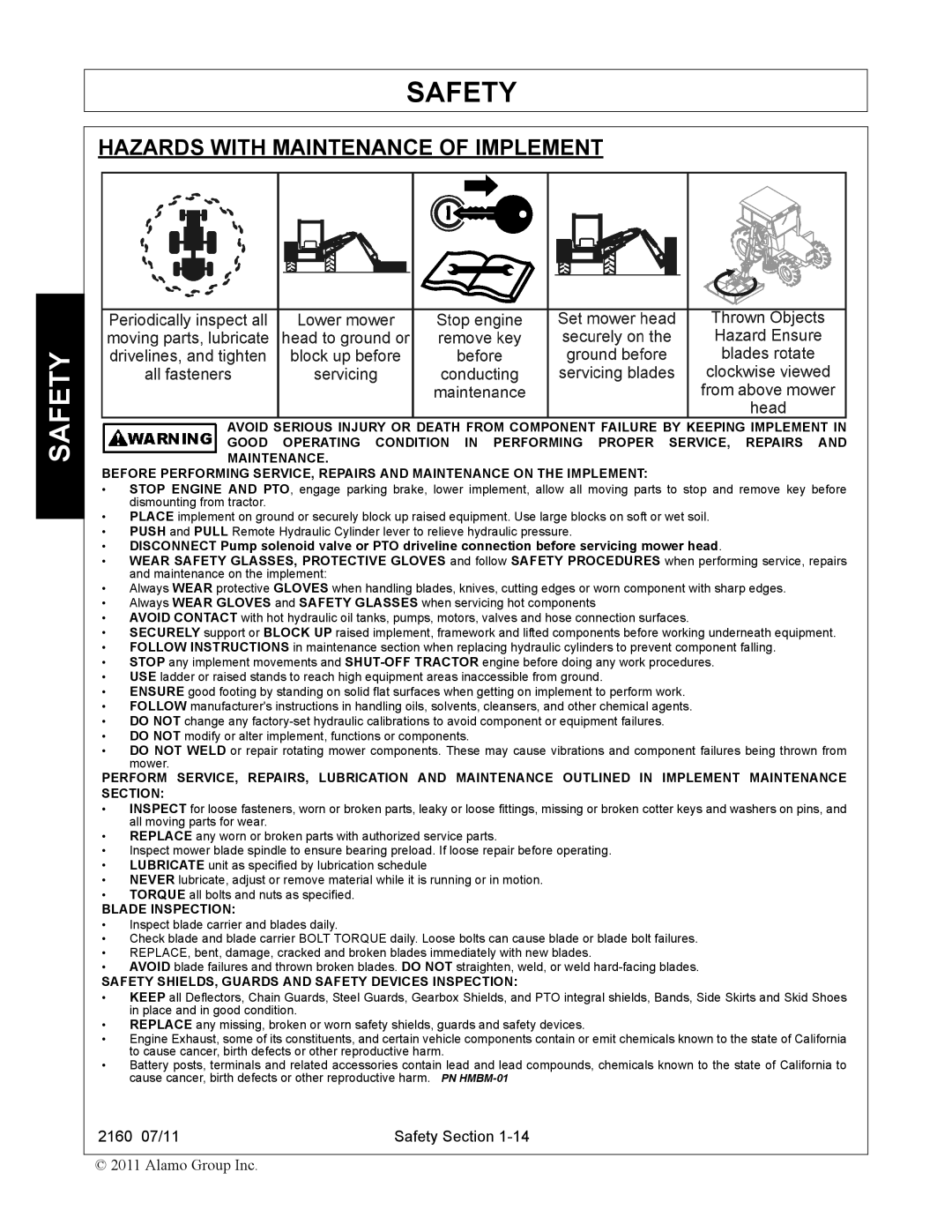 Servis-Rhino 2160 manual Hazards with Maintenance of Implement, Blade Inspection 