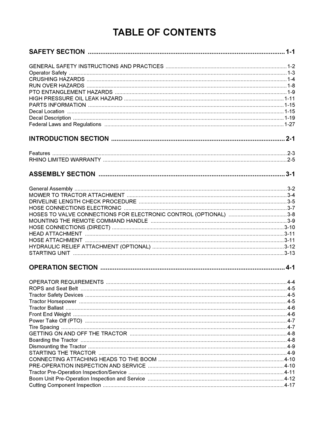 Servis-Rhino 2160 manual Table of Contents 