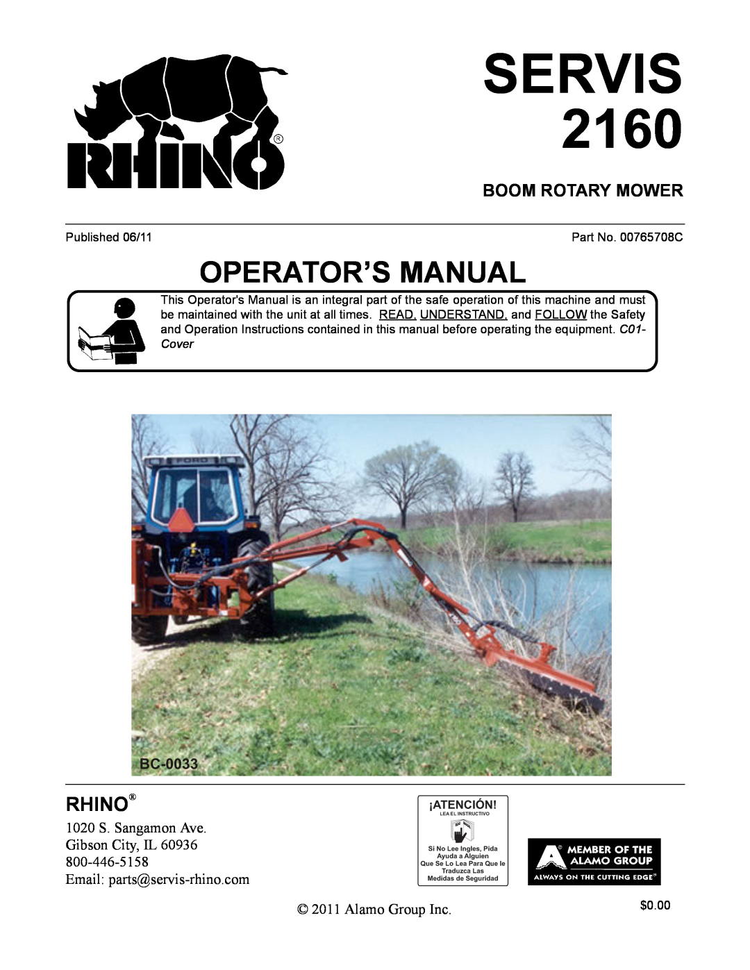 Servis-Rhino 2160 manual Servis, Rhino, Boom Rotary Mower, Operator’S Manual 