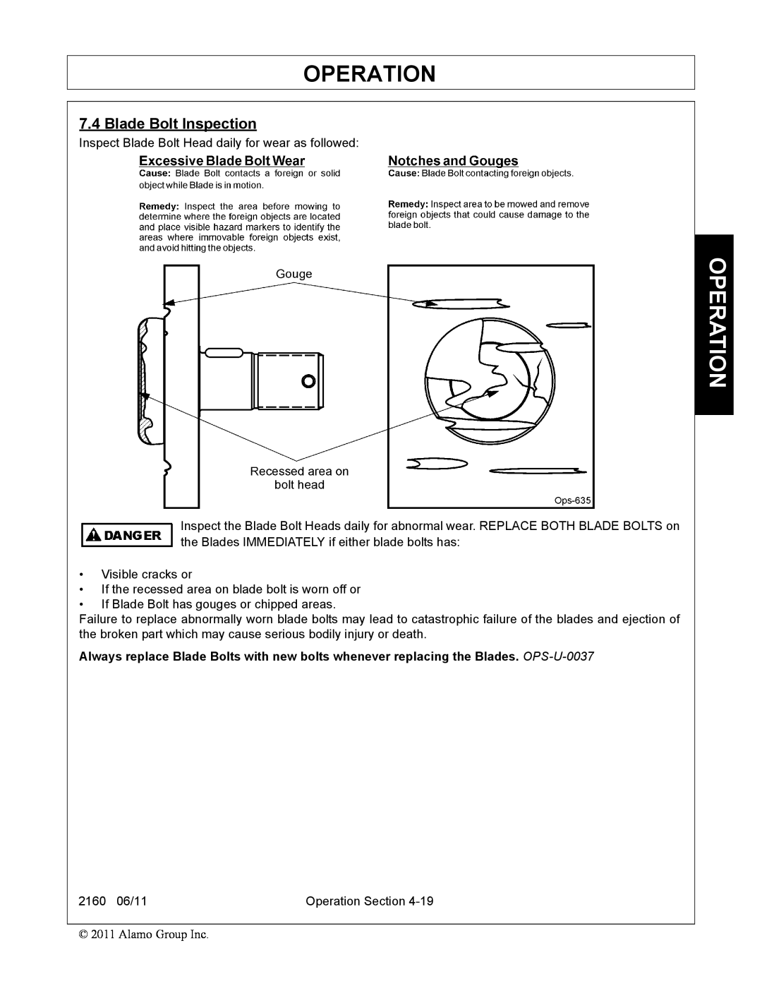 Servis-Rhino 2160 manual Operation, Blade Bolt Inspection 