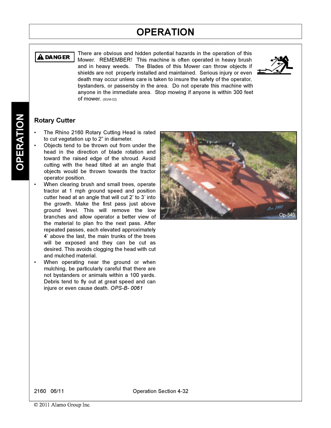 Servis-Rhino 2160 manual Operation, Rotary Cutter 