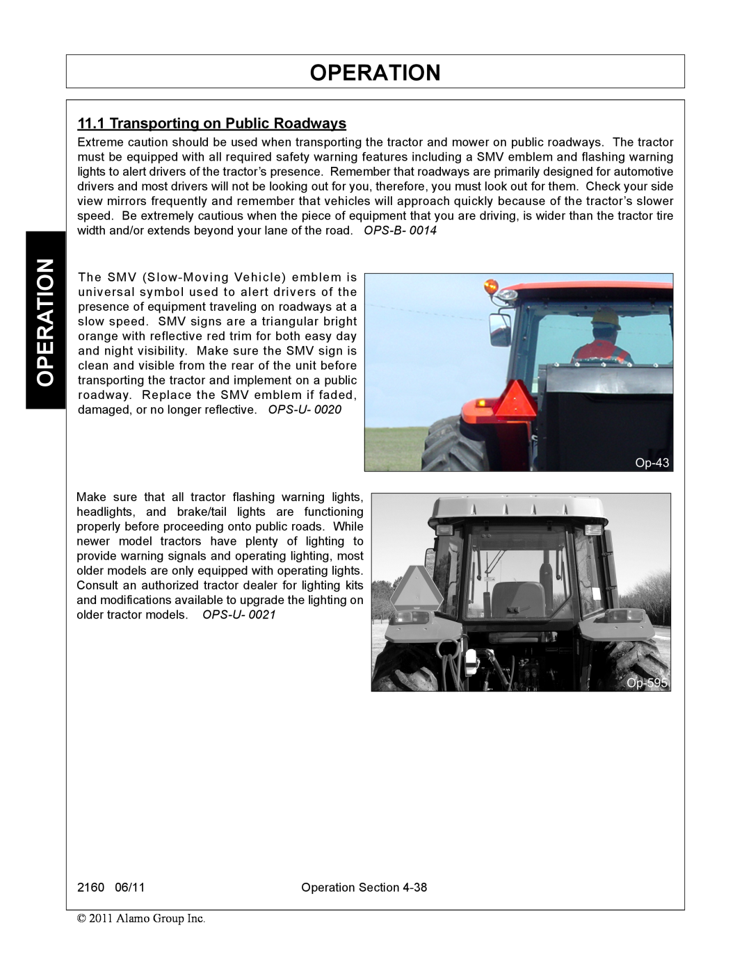 Servis-Rhino 2160 manual Operation, Transporting on Public Roadways 