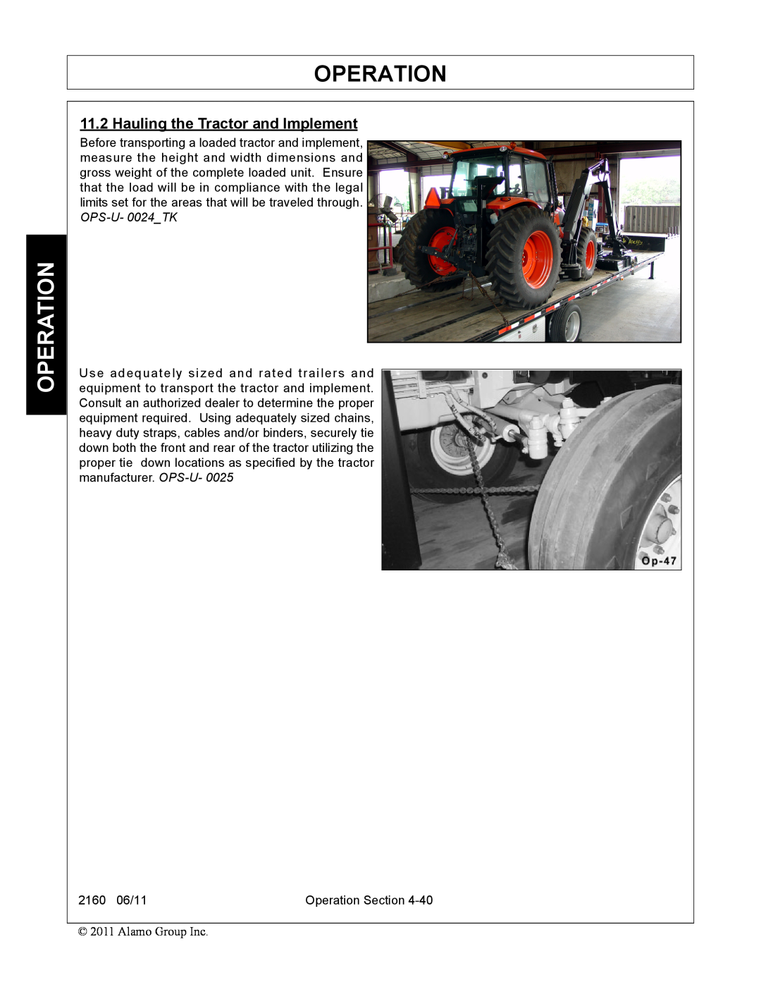 Servis-Rhino 2160 manual Operation, Hauling the Tractor and Implement 