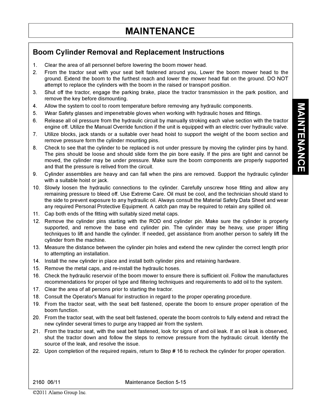 Servis-Rhino 2160 manual Boom Cylinder Removal and Replacement Instructions, Maintenance 