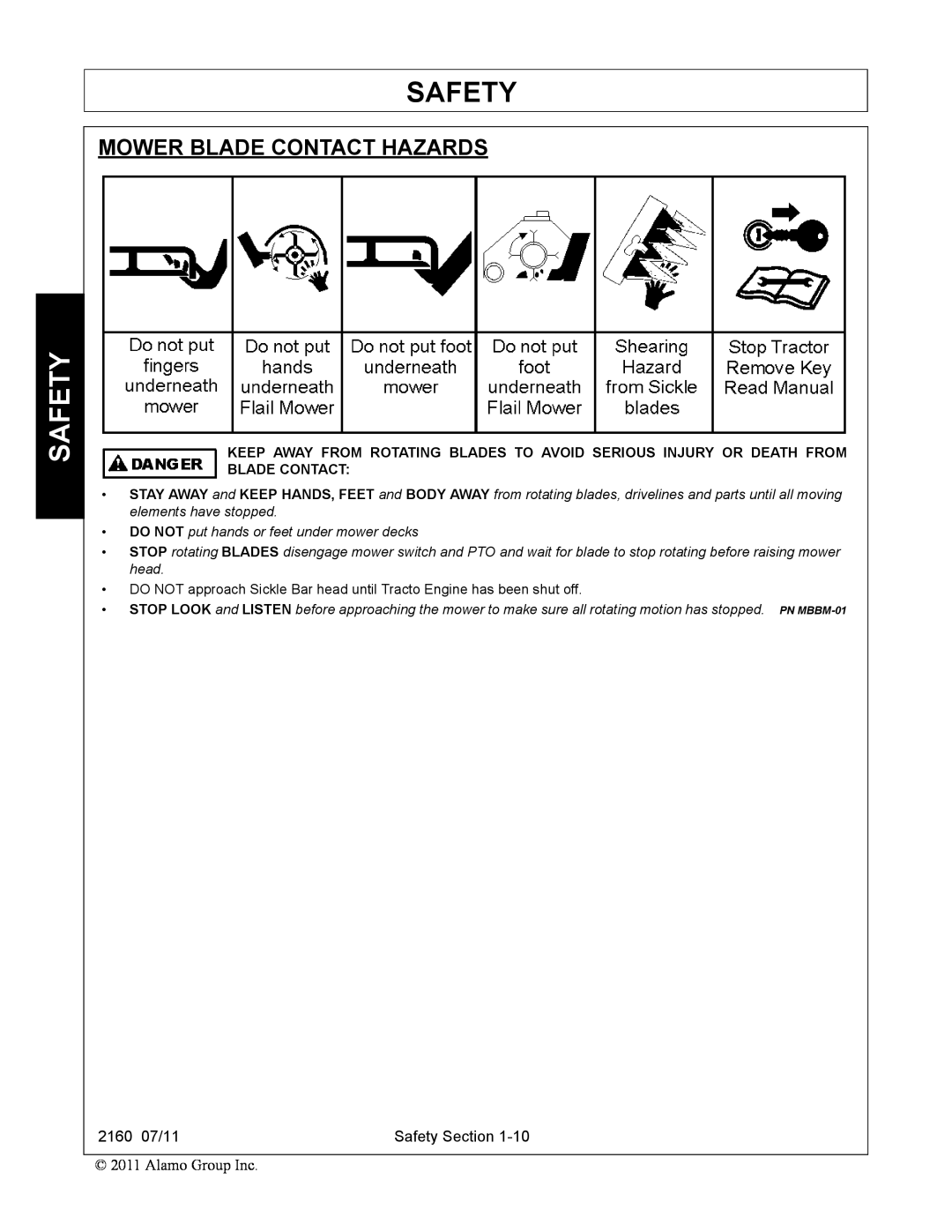 Servis-Rhino 2160 manual Mower Blade Contact Hazards, Safety 