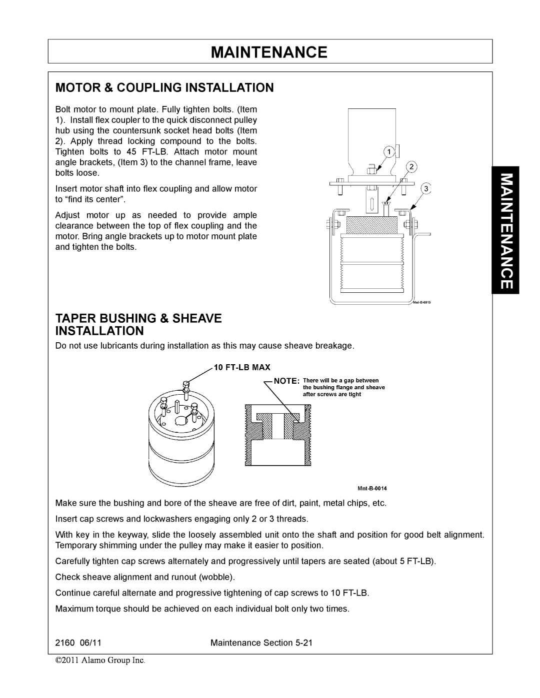 Servis-Rhino 2160 manual Motor & Coupling Installation, Taper Bushing & Sheave Installation, Maintenance 