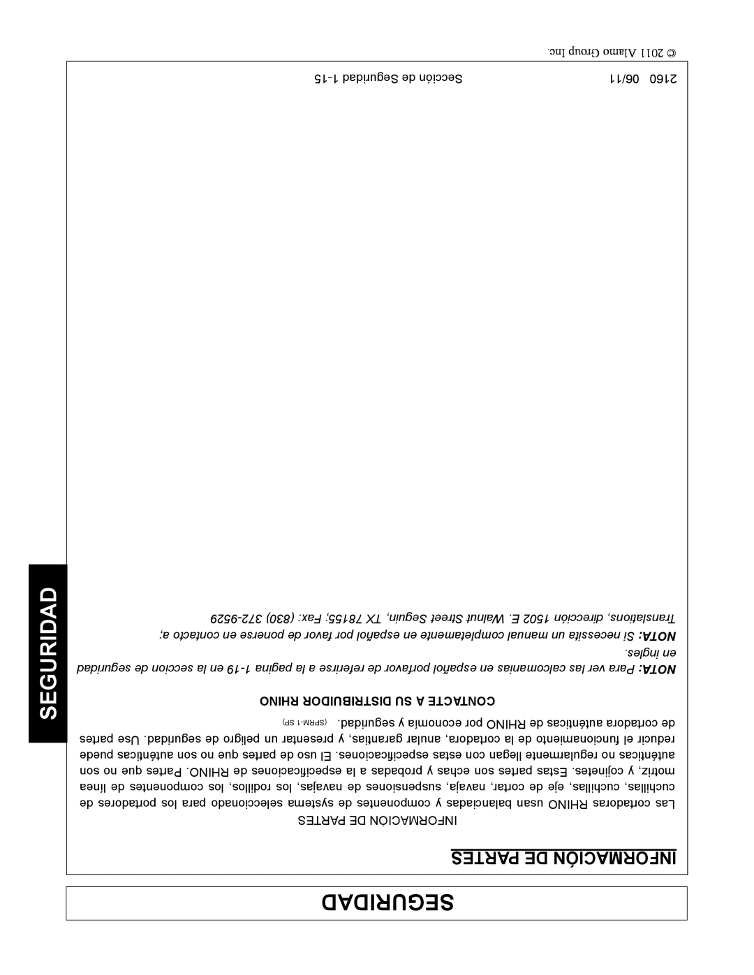 Servis-Rhino 2160 manual Seguridad, Partes De Información, Rhino Distribuidor Su A Contacte 