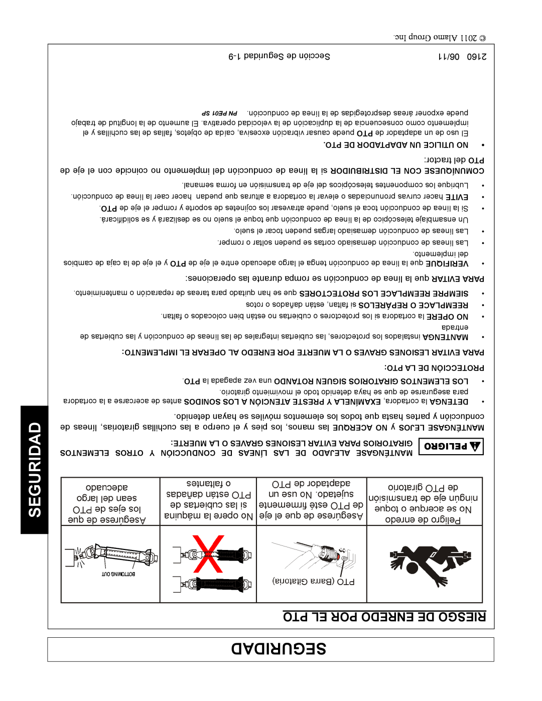 Servis-Rhino 2160 manual Pto El Por Enredo De Riesgo, Seguridad, Pto De Adaptador Un Utilice No, Pto La De Protección 