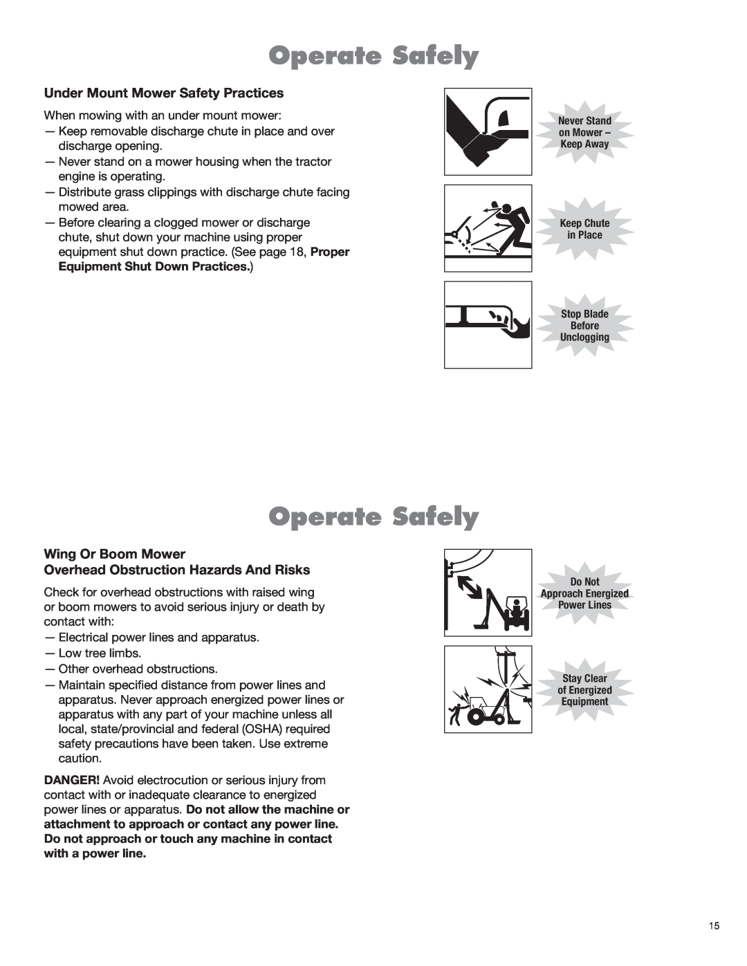 Servis-Rhino 2160 manual Operate Safely, Under Mount Mower Safety Practices 