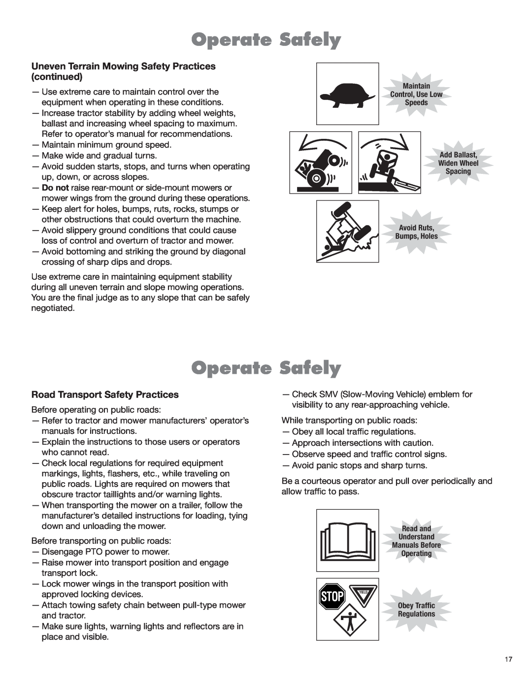 Servis-Rhino 2160 manual Stop Yield, Operate Safely, Uneven Terrain Mowing Safety Practices continued 