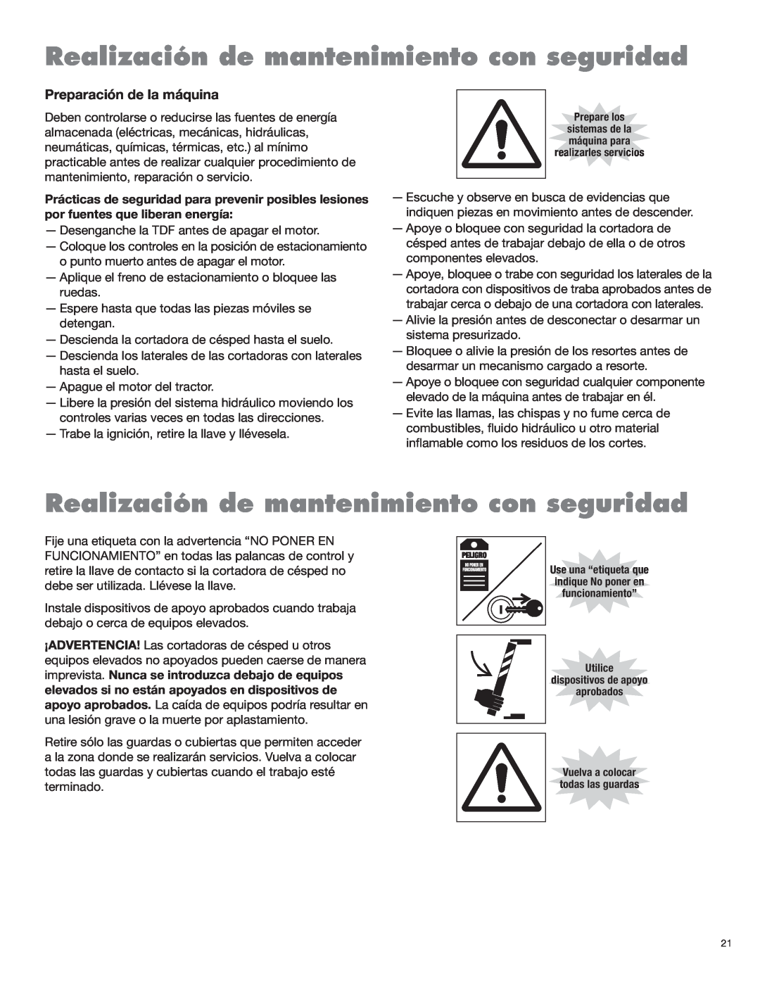 Servis-Rhino 2160 manual Realización de mantenimiento con seguridad, Preparación de la máquina, Prepare los 