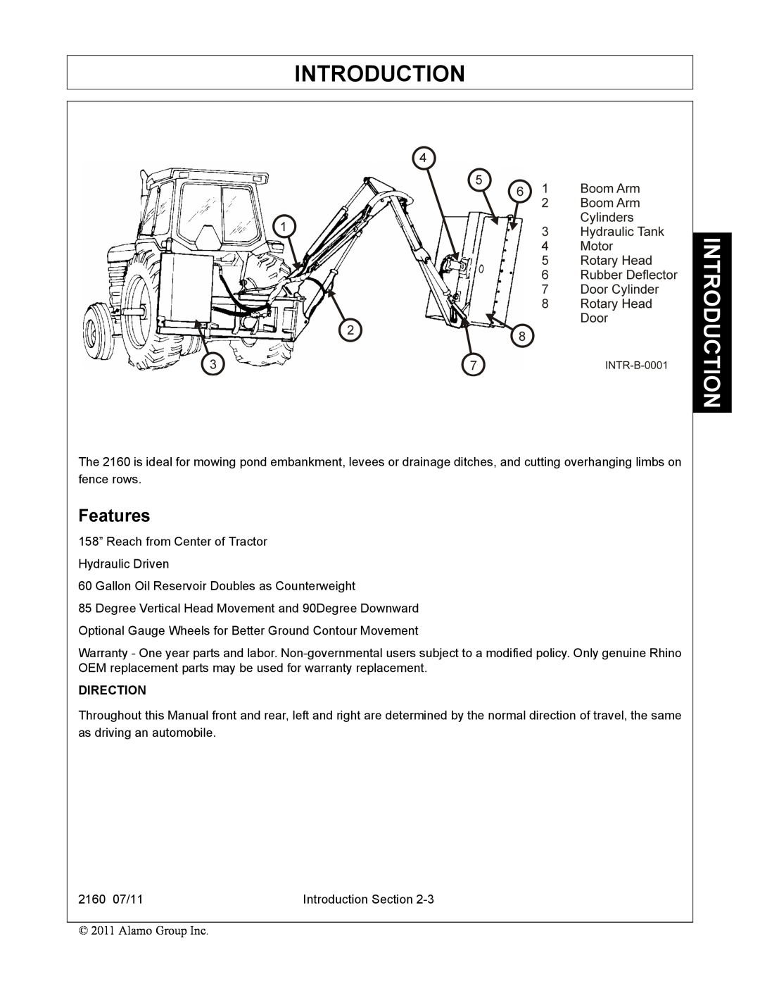 Servis-Rhino 2160 manual Features, Introduction, Direction 