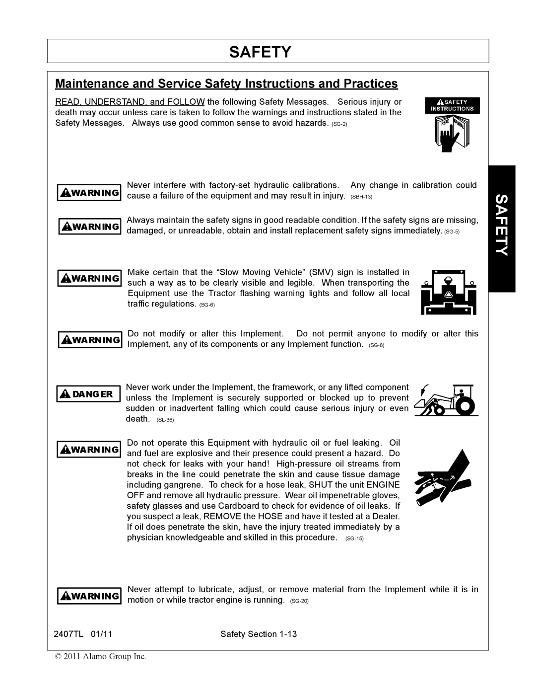 Servis-Rhino 2407TL manual Maintenance and Service Safety Instructions and Practices 