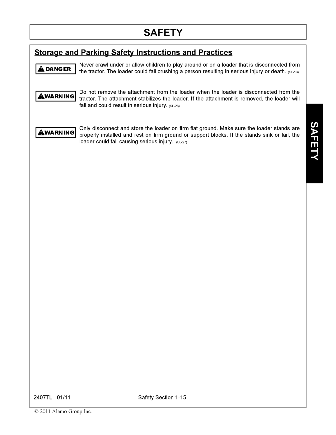 Servis-Rhino 2407TL manual Storage and Parking Safety Instructions and Practices 